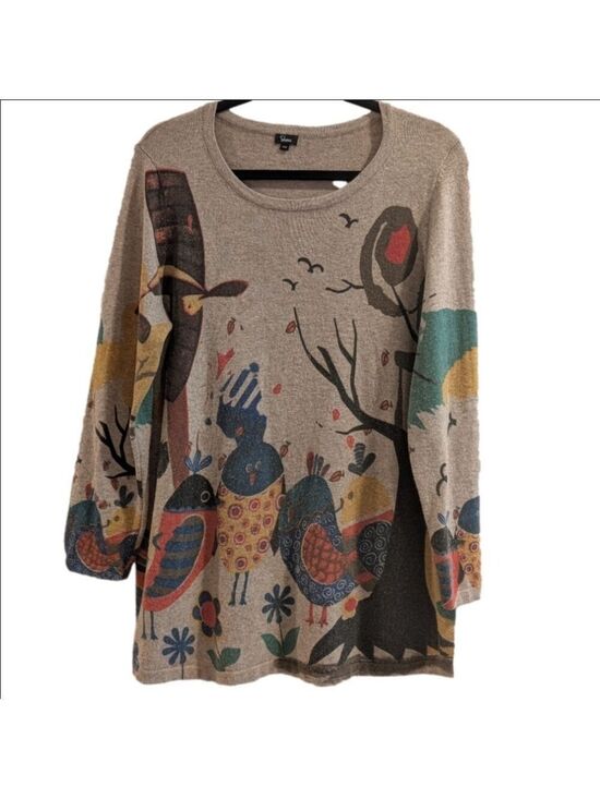 Shana Sweaters - Shana Wearible Art Crew Neck Sweater, Light Beige Color And Birds,Size Medium.